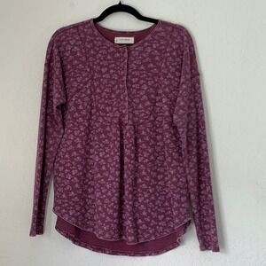 Lucky Brand Henley Top Women Small Purple Floral Waffle Knit Boho Cottagecore